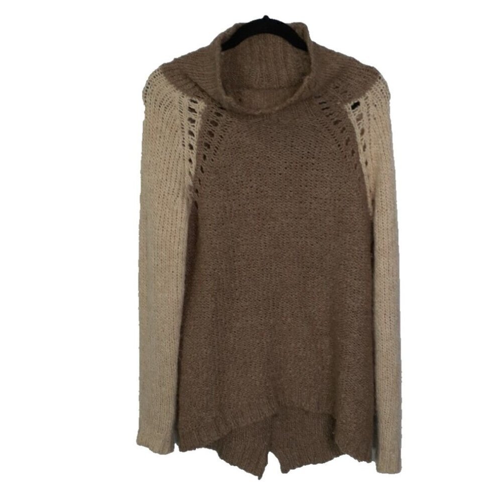 Rebecca Taylor Wool Alpaca Color Block Chunky Knit Brown Cream Sweater Medium